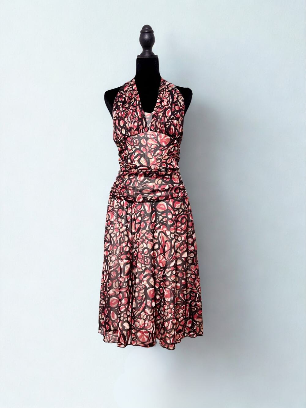 Vtg Y2K Studio Y Red Abstract Mod Circular Print Halter Neck Midi Dress
